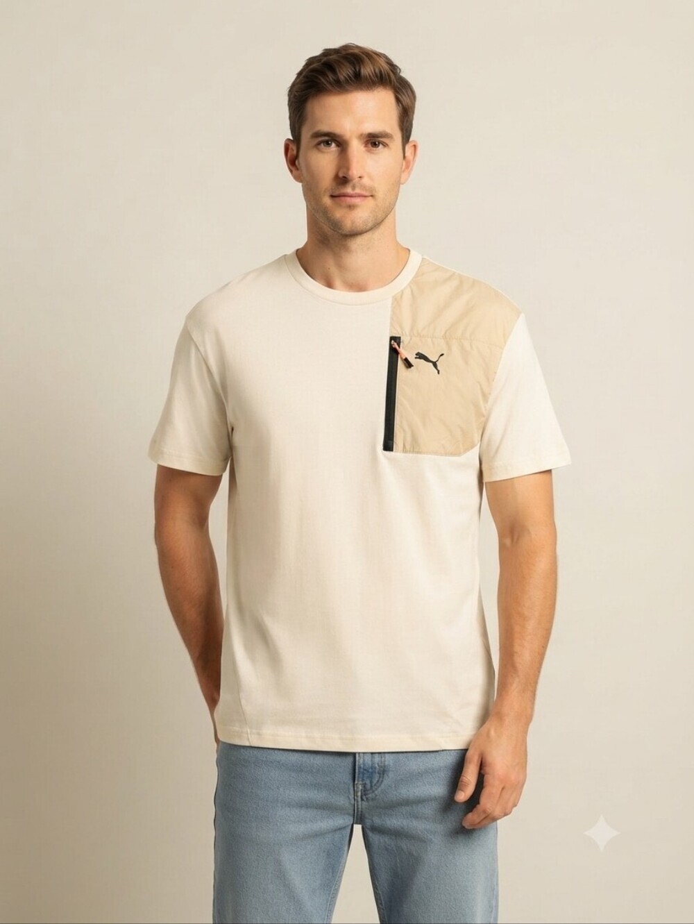 Puma Men’s Cream Short Sleeve Tee with Tan Zip Chest Pocket